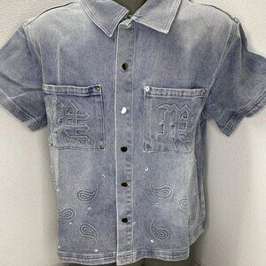 NEW MIXED EMOTION Paisley Denim Short-Sleeve Snap-Down Shirt – Blue – Size M